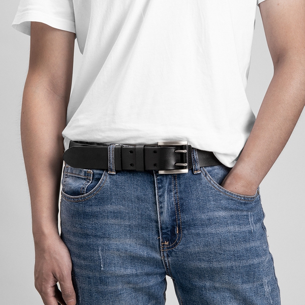 Men's Leather Double Prong Dress Belts - BLACK - 4