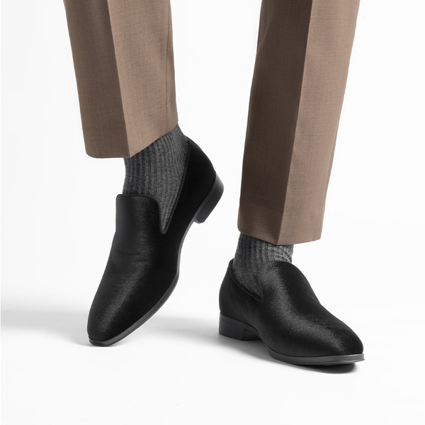 Men's Velvet Slip-On Loafers - BLACK-VELVET - 5