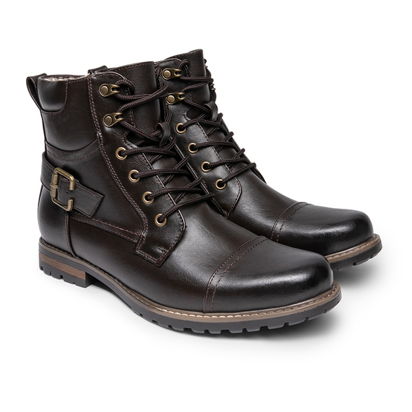 Men's Cap-Toe Motorcycle Combat Boots - DARK BROWN - 2