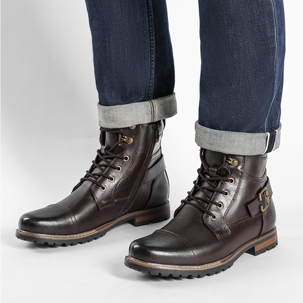 Men's Cap-Toe Motorcycle Combat Boots - DARK BROWN - 6