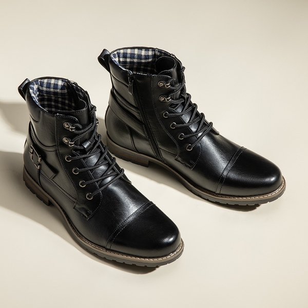 Men's Cap-Toe Motorcycle Combat Boots - BLACK - 5