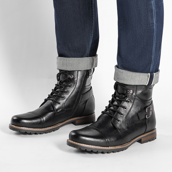 Men's Cap-Toe Motorcycle Combat Boots - BLACK - 6