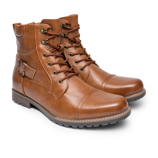 Men's Cap-Toe Motorcycle Combat Boots - BROWN - 2