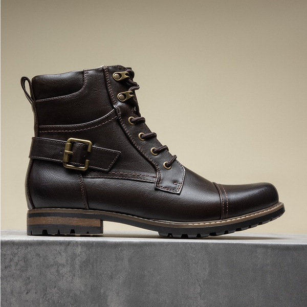 Men's Cap-Toe Motorcycle Combat Boots - DARK BROWN - 5
