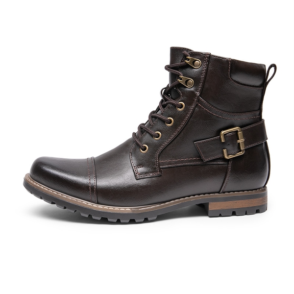 Men's Cap-Toe Motorcycle Combat Boots - DARK BROWN - 1