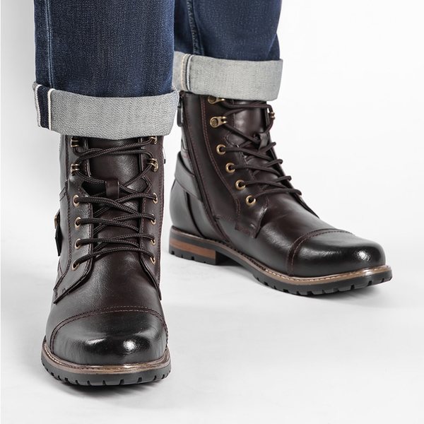 Men's Cap-Toe Motorcycle Combat Boots - DARK BROWN - 7