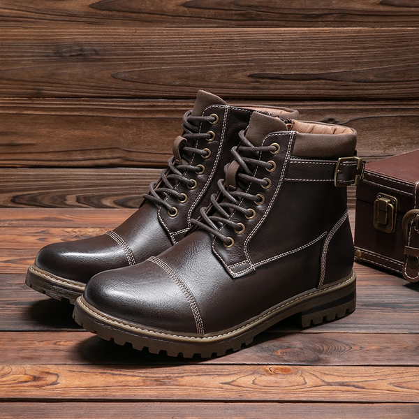 Men's Motorcycle-Styled Oxford Boots - DARK BROWN - 7