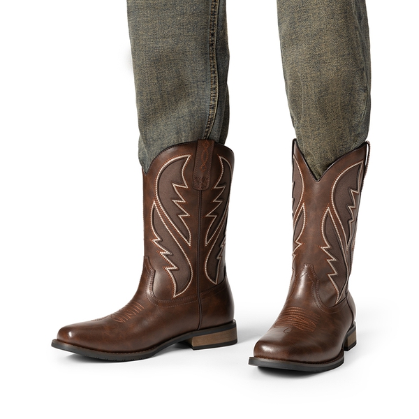Men’s Embroidered Western Cowboy Boots - COFFEE - 4