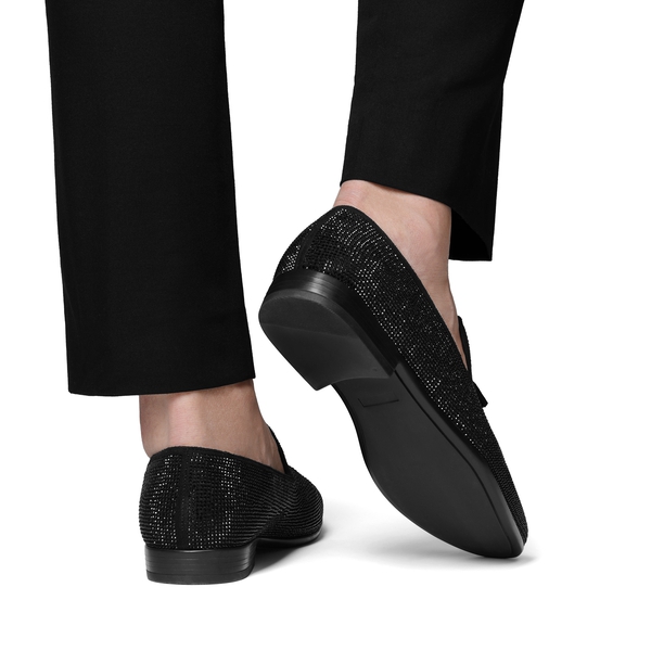 Men's Tassel Dress Loafers Slip on Comfortable Rhinestone Tuxedo Shoes for Wedding Party Graduation - BLACK - 6