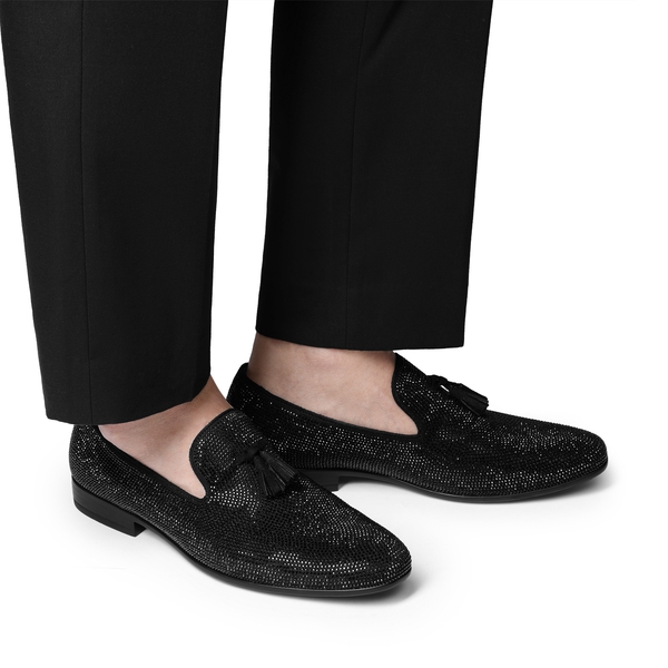 Men's Tassel Dress Loafers Slip on Comfortable Rhinestone Tuxedo Shoes for Wedding Party Graduation - BLACK - 5