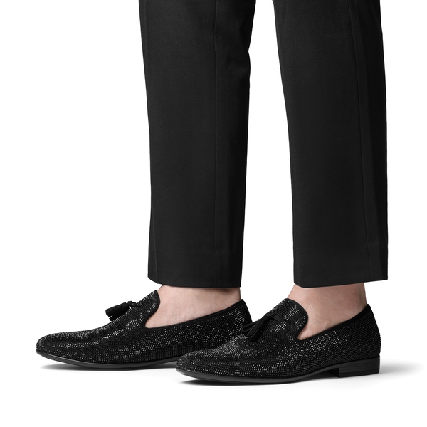 Men's Tassel Dress Loafers Slip on Comfortable Rhinestone Tuxedo Shoes for Wedding Party Graduation - BLACK - 4