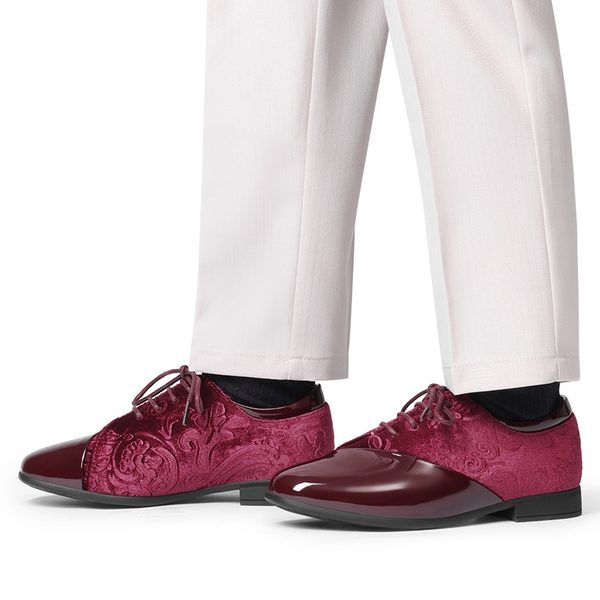 Boys Dress Shoes Formal Patent Velvet Tuxedo Oxford Shoes - DARK RED - 4