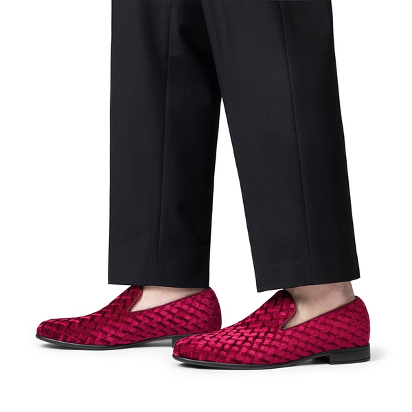 Men's Dress Velvet Tuxedo Loafers - DARK RED - 4