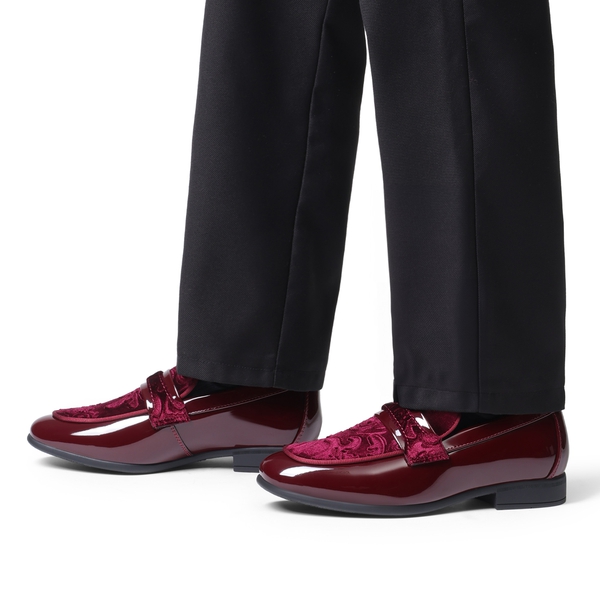 Boys Dress Shoes Formal Patent Velvet Tuxedo Oxford Shoes - DARK RED - 4