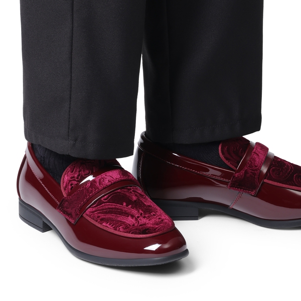 Boys Dress Shoes Formal Patent Velvet Tuxedo Oxford Shoes - DARK RED - 5