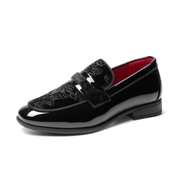 Boy's Tuxedo Patent Classic Velvet Loafers - ALL BLACK -  0