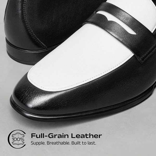 Men's Classic Full-grain Leather Dress Loafers - BLACK/WHITE - 1