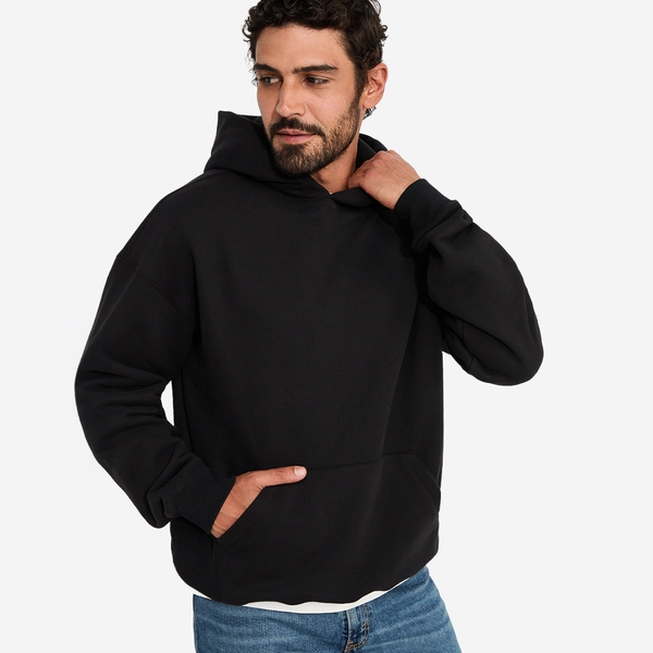Men's Relaxed Boxy Fit Fleece Hoodie - BLACK - 1