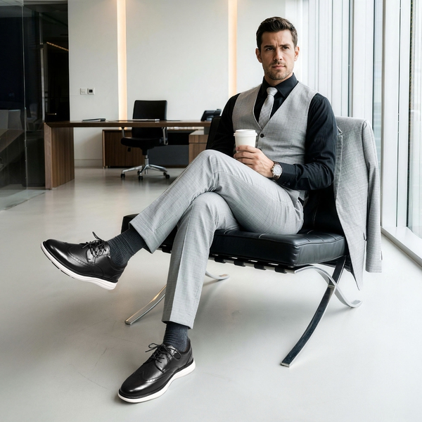 Men's Dress Casual Wingtip Brogue Oxfords With Added Cushioning - BLACK - 4