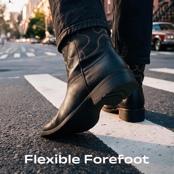 Men's Cowboy Square Toe Slip on Comfort Classic Embroidered Casual Dress Mid Calf Western Boots   - BLACK - 3