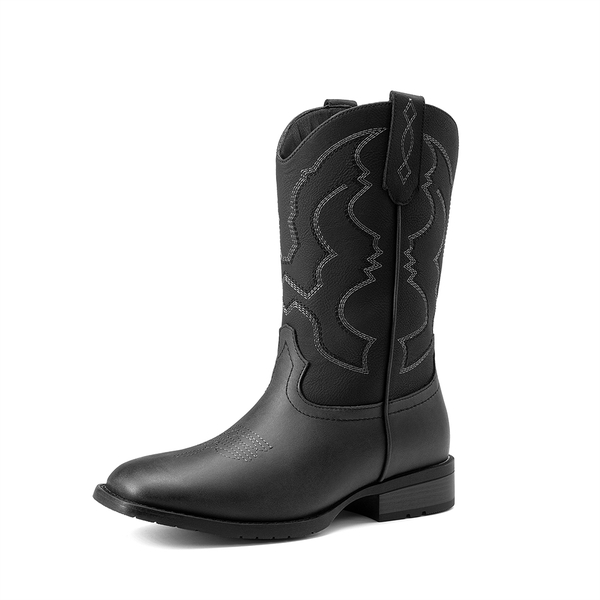 Men's Cowboy Square Toe Slip on Comfort Classic Embroidered Casual Dress Mid Calf Western Boots   - BLACK -  0