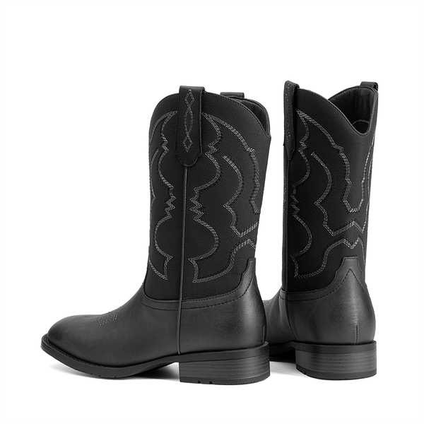 Men's Cowboy Square Toe Slip on Comfort Classic Embroidered Casual Dress Mid Calf Western Boots   - BLACK - 1