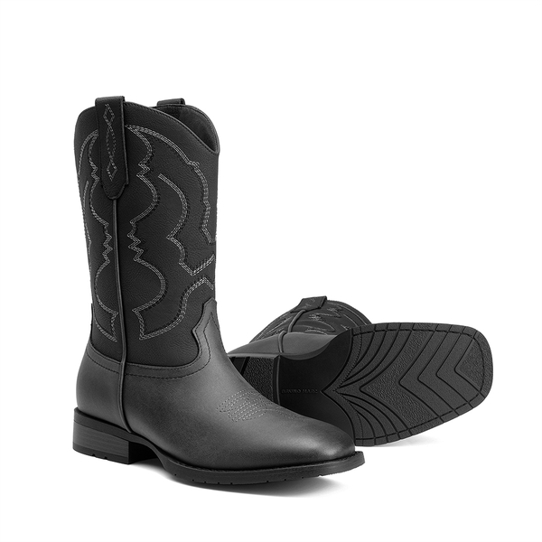 Men's Cowboy Square Toe Slip on Comfort Classic Embroidered Casual Dress Mid Calf Western Boots   - BLACK - 2