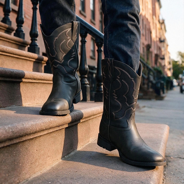 Men's Cowboy Square Toe Slip on Comfort Classic Embroidered Casual Dress Mid Calf Western Boots   - BLACK - 4