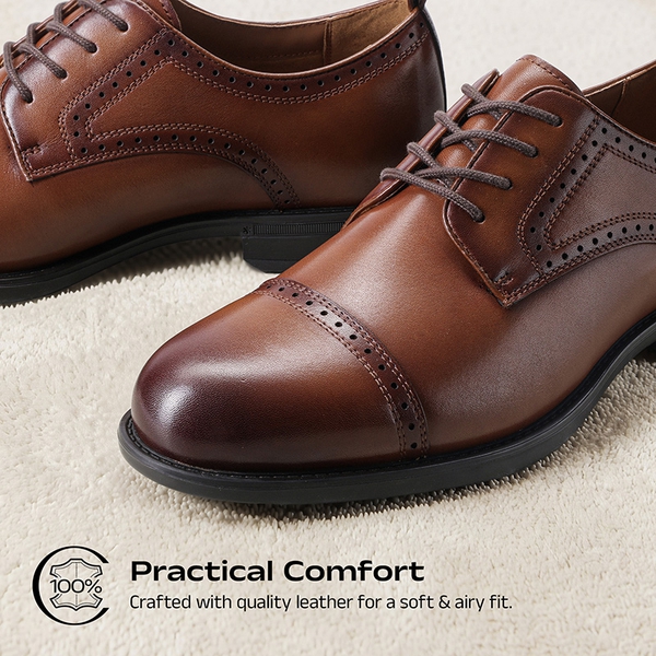 Men’s Cap Toe Leather Oxford Shoes - BROWN - 1