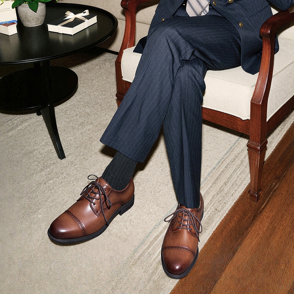 Men’s Cap Toe Leather Oxford Shoes - BROWN - 6