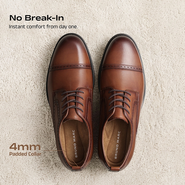 Men’s Cap Toe Leather Oxford Shoes - BROWN - 3