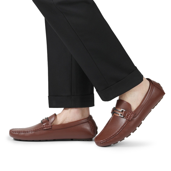 Men's Horsebit Moccasin Loafers Shoes - BROWN - 1