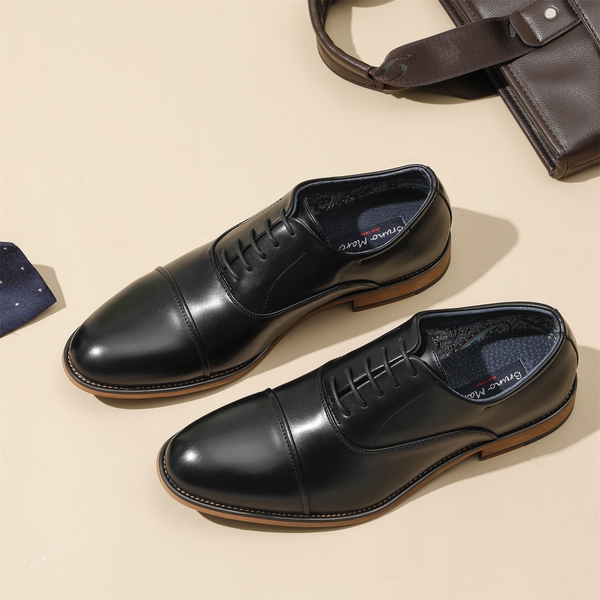 Men's Cap Toe PU Leather Oxford Shoes - BLACK - 8