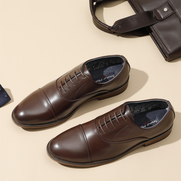 Men's Cap Toe PU Leather Oxford Shoes - DARK BROWN - 8