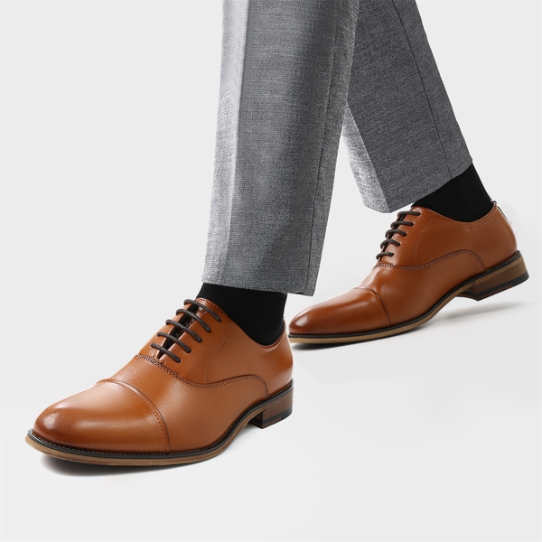 Men's Cap Toe PU Leather Oxford Shoes - BROWN - 1