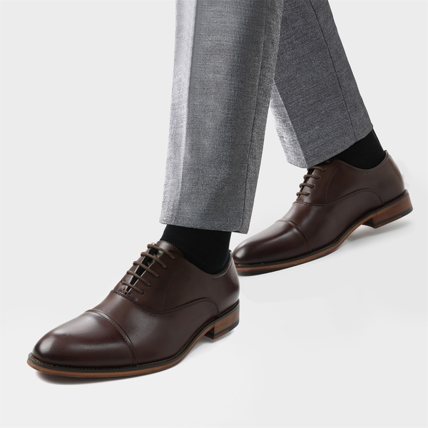 Men's Cap Toe PU Leather Oxford Shoes - DARK BROWN - 6
