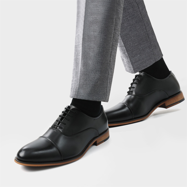 Men's Cap Toe PU Leather Oxford Shoes - BLACK - 6