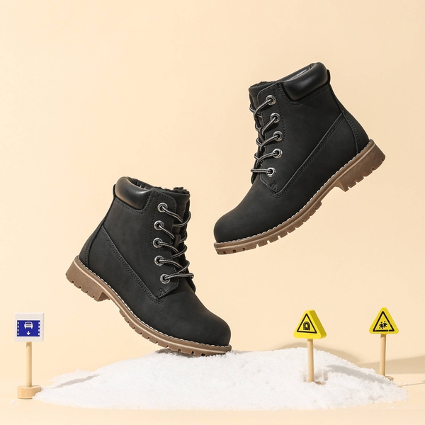 Boys' Fur-Lined Combat Winter Boots - BLACK - 8