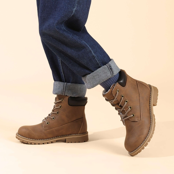Boys' Fur-Lined Combat Winter Boots - BROWN - 6