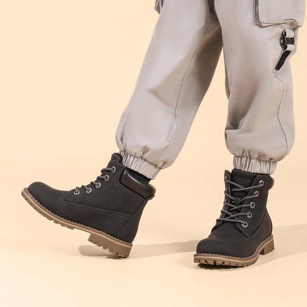 Boys' Fur-Lined Combat Winter Boots - BLACK - 6