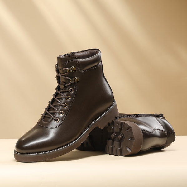 Men's Lace-Up Motorcycle Boots - DARK BROWN - 8